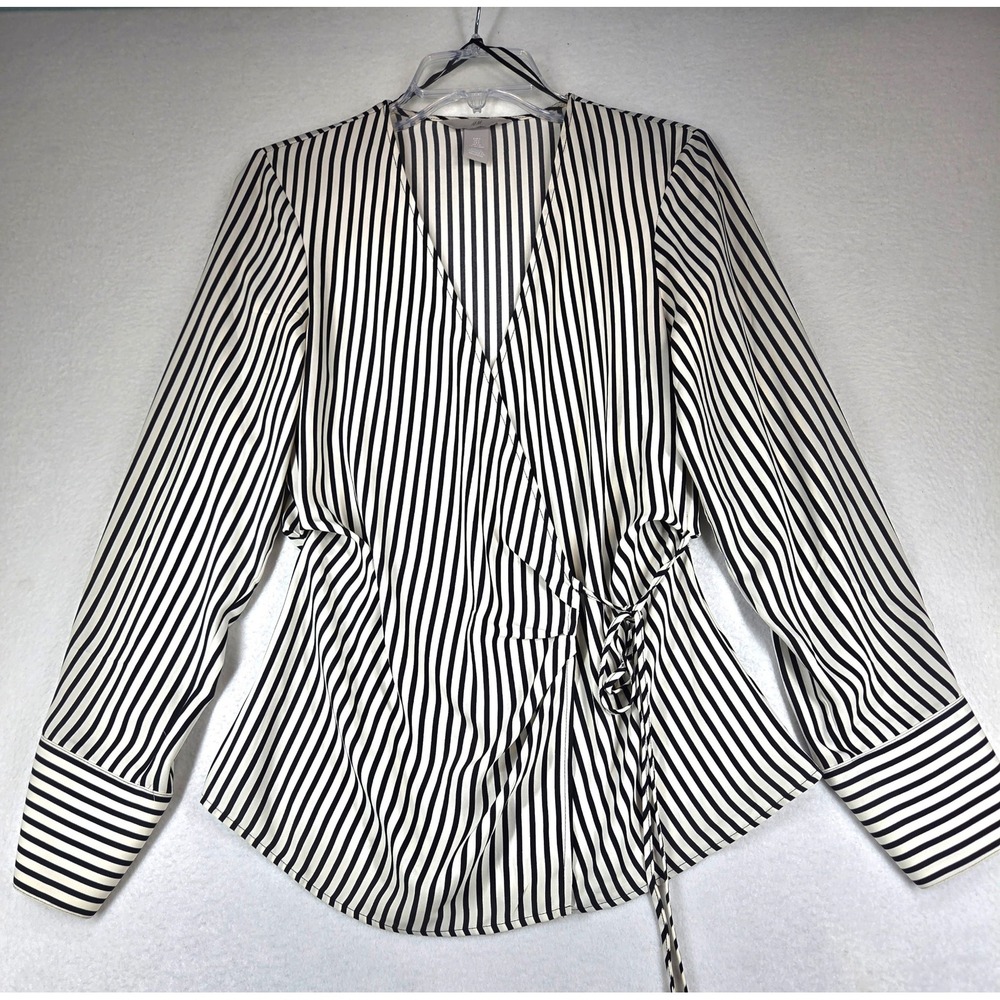 H&M Womens Striped Wrap Blouse V-Neck Long Sleeve Tie Waist Black White Small